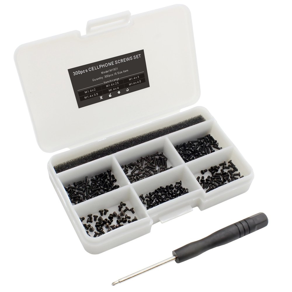 Mcsher 300pcs M1.4 Series Screws Set for Android Smartphone, Watches, GlassesSmall Electronic Products Phillips Wafer Head, Black Zinc, 6 Size, with Screw Driver