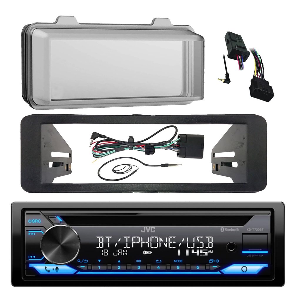 JVC Stereo CD Receiver Marine Radio Bundle, 1998 2013 Harley Davidson Touring Flht Flhx Flhtc, Adapter Dash Kit, Handle Bar Control Module, Weathershield Cover, Enrock Wire Antenna