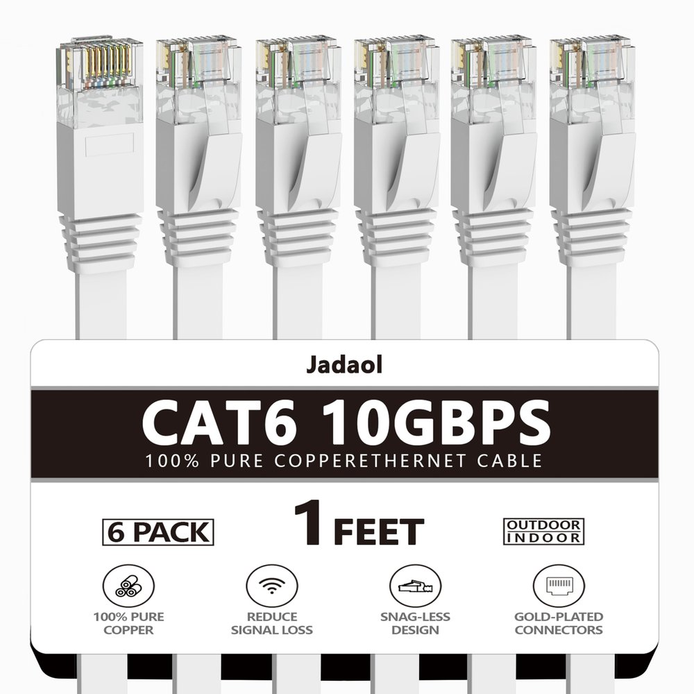 Jadaol Cat 6 Ethernet Cable 1 ft 6-Pack, 10Gbps Support Cat8 Cat7 Network, Flat High Speed LAN Internet Patch Cables, Short Ethernet Cables for Router, Modem, Switch, PC, Laptop, Gaming Console, White