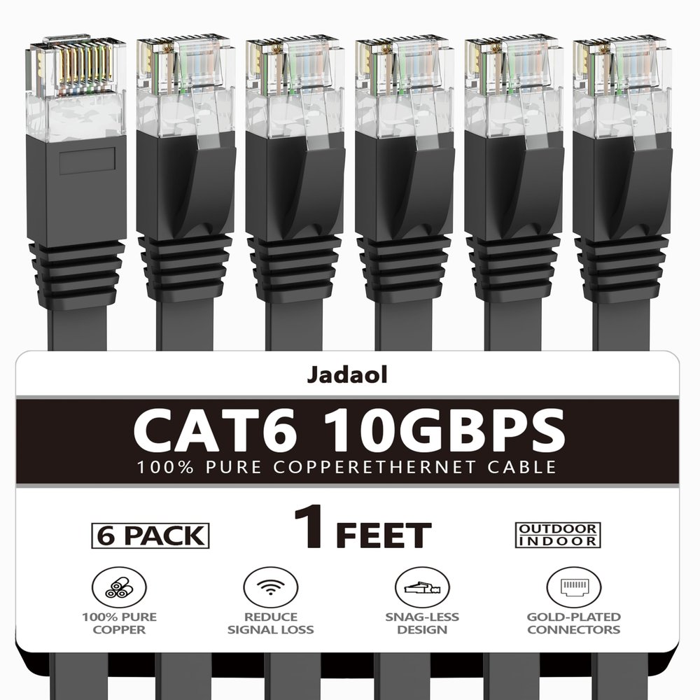 Jadaol Cat 6 Ethernet Cable 1 ft 6-Pack, 10Gbps Support Cat8 Cat7 Network, Flat High Speed LAN Internet Patch Cables, Short Ethernet Cables for Router, Modem, Switch, PC, Laptop, Gaming Console, Black