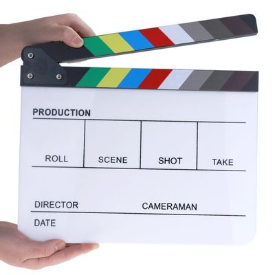 Professional Movie Directors Clapboard, Photography Studio Video TV Acrylic Clapper Board Dry Erase Film Slate Cut Action Scene Clapper with Color Sticks 9.6x11.7 inch/25x30cm, White