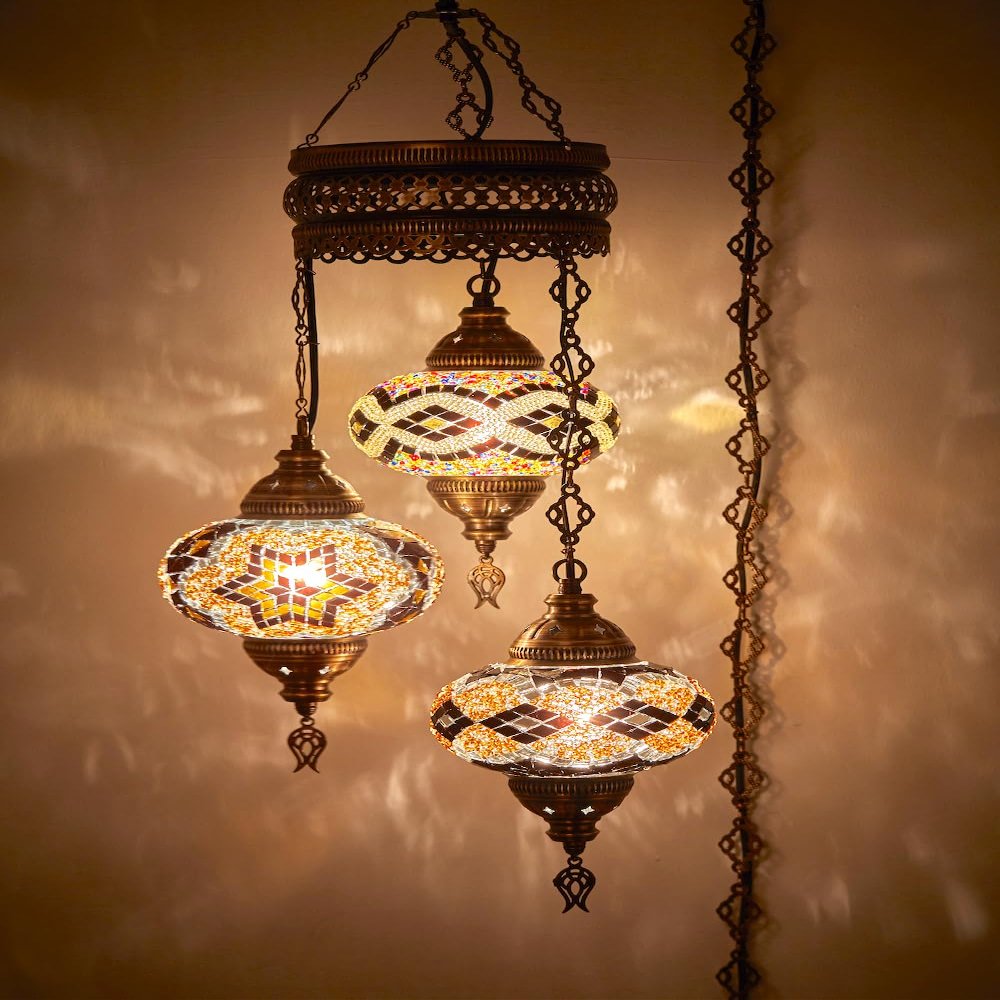 DEMMEX 3-Large 7'' Globes Turkish Moroccan Mosaic Plug-in Chandelier - Handmade Pendant Light with 15-ft Cord & Chain, Bohemian Ceiling Lamp for Living Room, Bedroom, Dining Room, 3.5 ft Brown-Amber