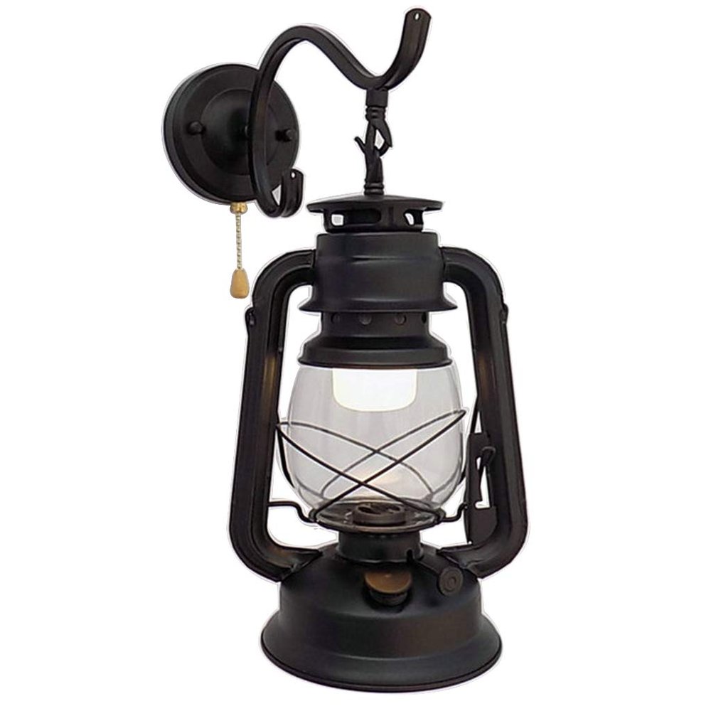 LIN XIAO HAO mayu Pull Chain Switch Kerosene Lantern Wall Lamp Retro Bedroom Bedside Iron and Glass Shade Wall Sconces, Black Finish