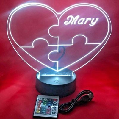 Puzzle Piece Autism Heart Night Light Up Lamp LED Stand Engraved Table Lamp Custom Engraved Room Decor Featuring 16 Color Changing Options | Christmas Holiday Birthday Gift | Personalized Free