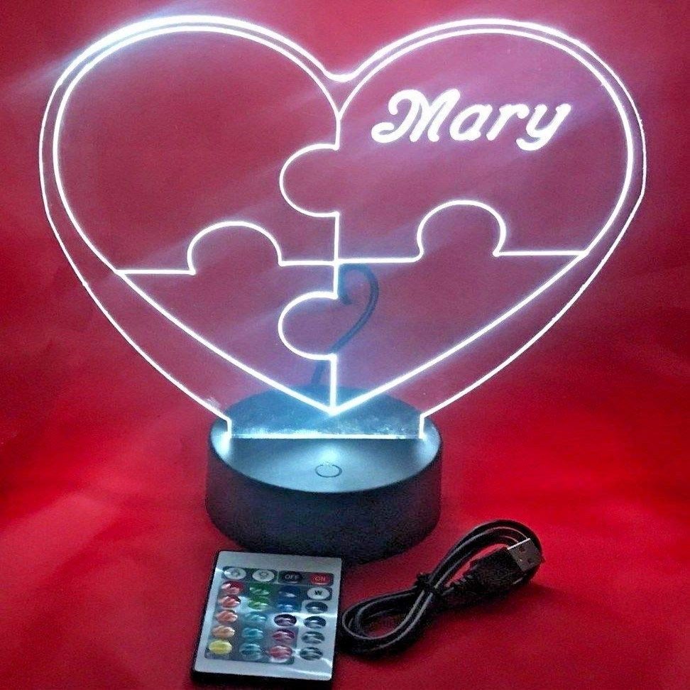 Puzzle Piece Autism Heart Night Light Up Lamp LED Stand Engraved Table Lamp Custom Engraved Room Decor Featuring 16 Color Changing Options | Christmas Holiday Birthday Gift | Personalized Free