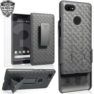 Ailiber Case for Google Pixel 3 XL, Pixel 3XL Phone Case Holster with Screen Protector Tempered Glass, Slim Full Body Shockproof Swivel Clip Kickstand 2in1 Hard Shell Protective Cove-Black