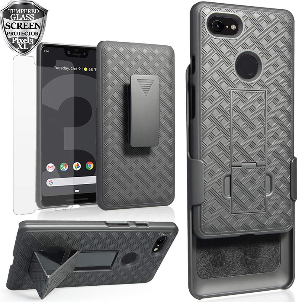 Ailiber Case for Google Pixel 3 XL, Pixel 3XL Phone Case Holster with Screen Protector Tempered Glass, Slim Full Body Shockproof Swivel Clip Kickstand 2in1 Hard Shell Protective Cove-Black