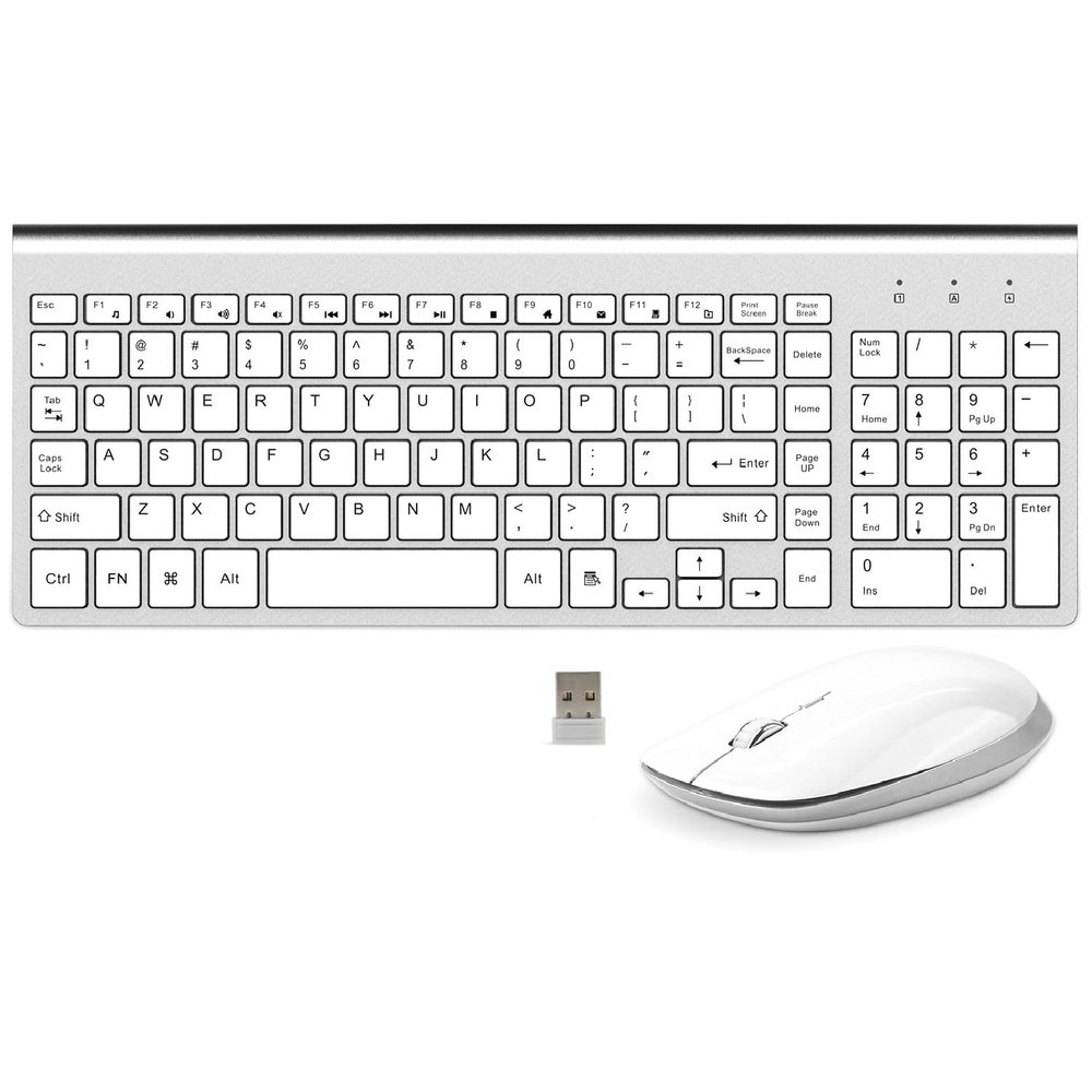 FENIFOX Keyboard and Mouse Wireless, USB 2.4GHz Combo Silent Quiet Low Profile Compact Full Size Flat Slim Thin Portable with Number Pad Soft Cover for PC Laptop Computer Office - White & Silver