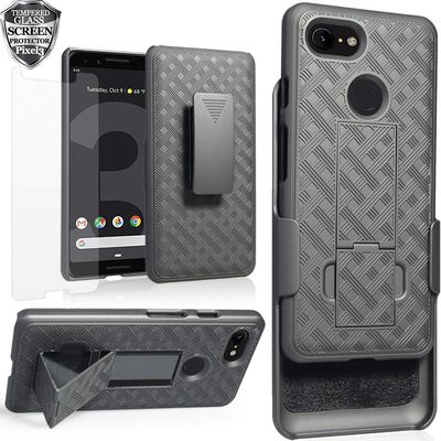 Ailiber for Google Pixel 3 Stand Case, Belt Clip, Screen Protector-Black