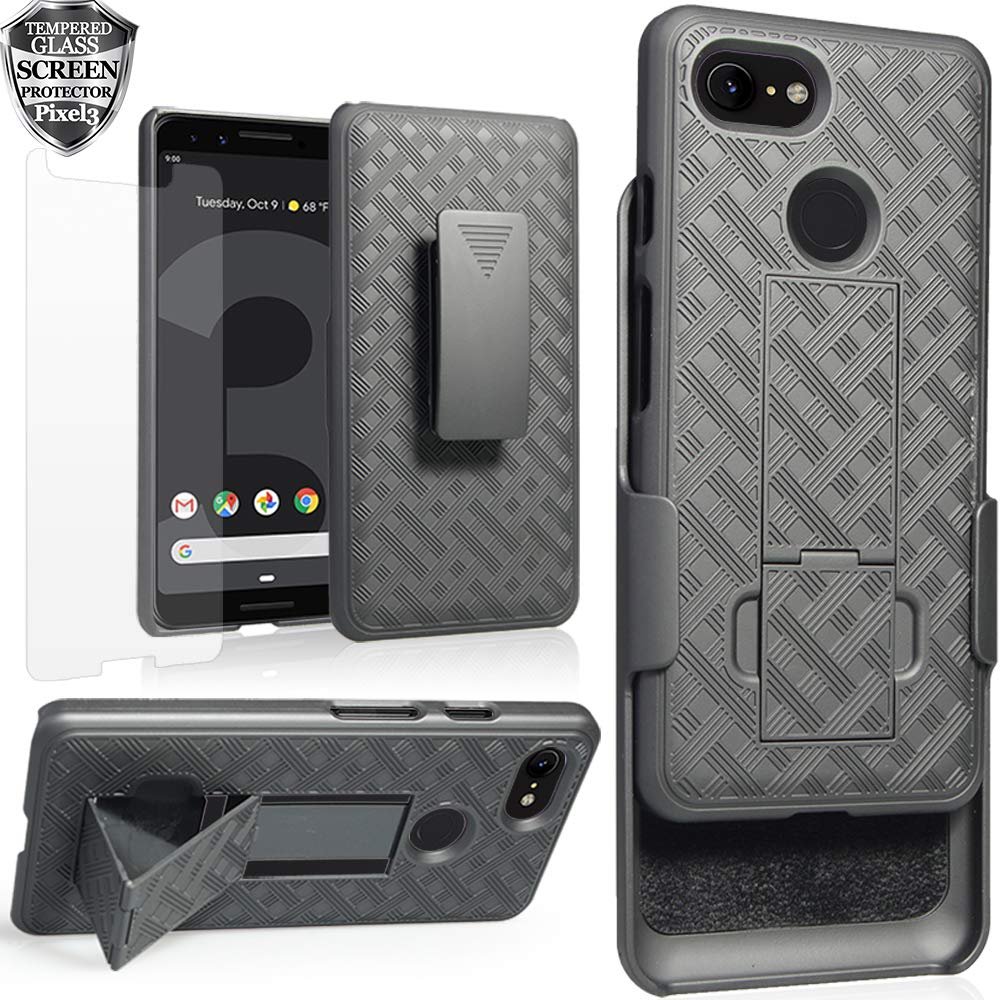 Ailiber for Google Pixel 3 Stand Case, Belt Clip, Screen Protector-Black