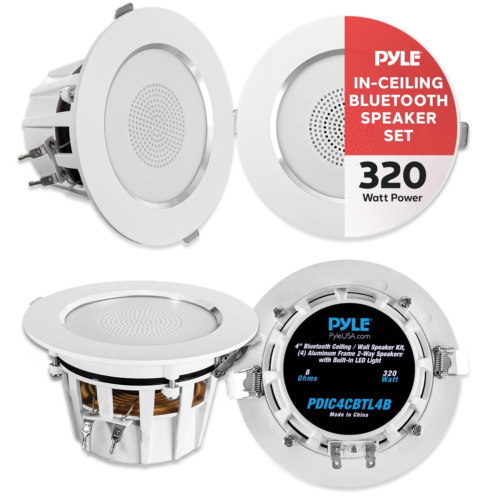 Pyle 4" In-Ceiling In-Wall Speakers - 320 Watts Max, 2-Way Stereo Sound, Flush Design w/ BT Wireless Receiver, LED Light, & Spring Loaded For Easy Installation- PDIC4CBTL4B (4 Speakers)