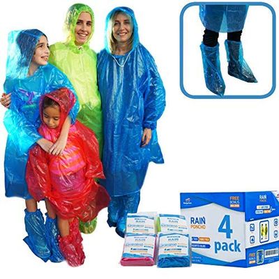 Rain Ponchos Family Pack Extra Thick (4 Pack) Disposable Plastic Raincoat Bundled with Shoe Covers for Adults and Kids