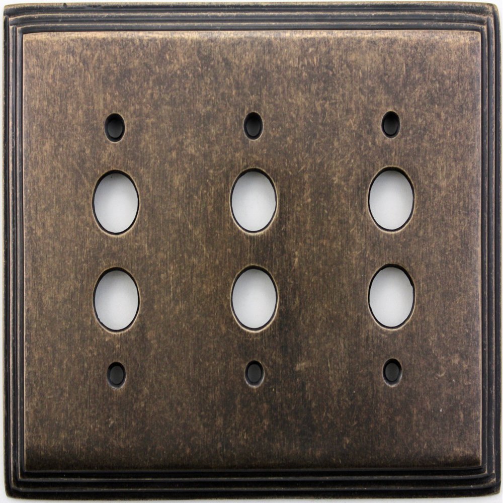 Classic Accents Deco Aged Antique Brass 3 Gang Push Button Light Switch Wall Plate