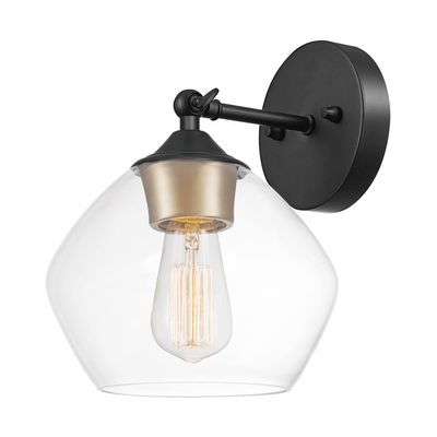 Globe Electric 51367 1-Light Wall Sconce, Matte Black, Gold Accent Socket, Clear Glass Shade, Wall-Lamp Dimmable, Lights for Bedroom, Kitchen Sconces Lighting, Home Decor, Bulb Not Included