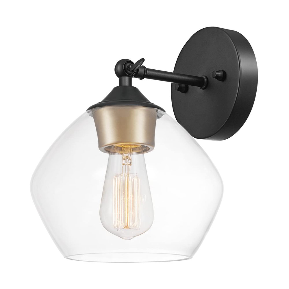 Globe Electric 51367 1-Light Wall Sconce, Matte Black, Gold Accent Socket, Clear Glass Shade, Wall-Lamp Dimmable, Lights for Bedroom, Kitchen Sconces Lighting, Home Decor, Bulb Not Included