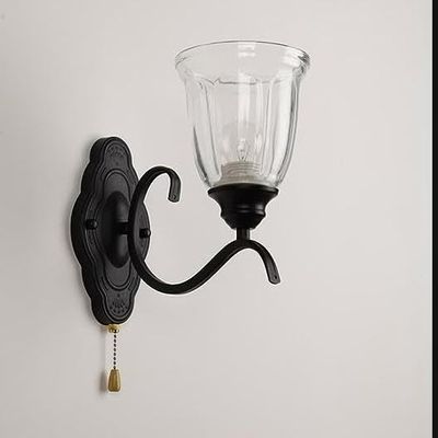 ZJZTD Pull Chain Wall Lamp E27 Retro Bedroom Bedside Iron and Glass Shade Wall Sconces, Black Finish