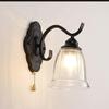 ZJZTD Pull Chain Wall Lamp E27 Retro Bedroom Bedside Iron and Glass Shade Wall Sconces, Black Finish view 4