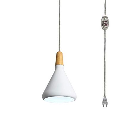 ANYE Wooden Socket Pendant Light with 15ft Plug-in UL On/Off Dimmer Switch Cord White Lampshade Light Fixtures Nordic Minimalist Lighting Loft Style Lamps for Dining Room Bulbs Not Included