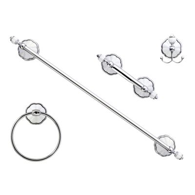 MODONA Four Piece Bathroom Accessories Set, Includes 24 Towel Bar, Robe Hook, Towel Ring, and Toilet Paper Holder  White Porcelain & Chrome - Flora Series - 5 Year Warrantee