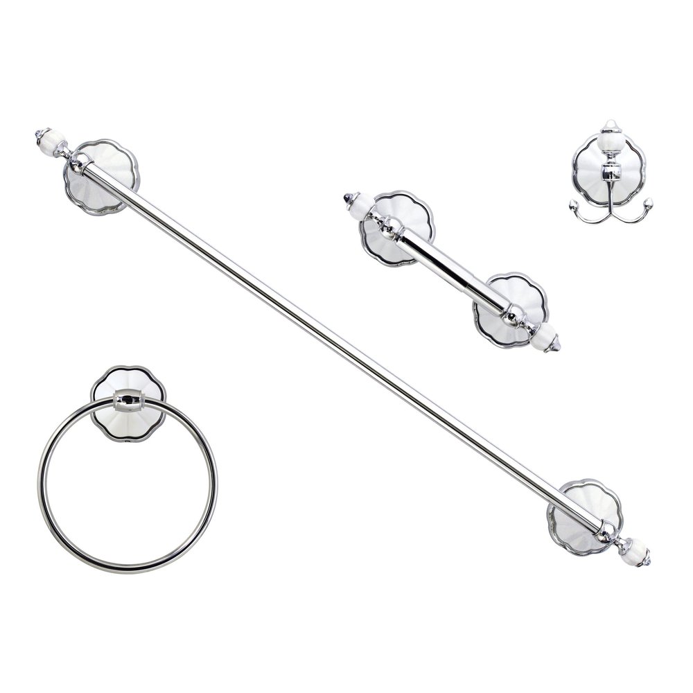 MODONA Four Piece Bathroom Accessories Set, Includes 24 Towel Bar, Robe Hook, Towel Ring, and Toilet Paper Holder  White Porcelain & Chrome - Flora Series - 5 Year Warrantee