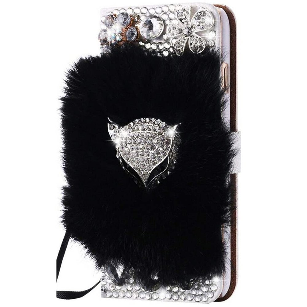 STENES Bling Case Compatible with iPhone 8 - Stylish - 3D Handmade Luxury Fox Flowers Magnetic Wallet Credit Card Slots Fold Stand Leather Cover Compatible with iPhone 7/iPhone 8 - Black