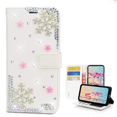 STENES Bling Case Compatible with Google Pixel 2 XL - Stylish - 3D Handmade Snow Flowers Floral Magnetic Wallet Credit Card Slots Fold Stand Leather Cover Compatible with Google Pixel 2 XL - White