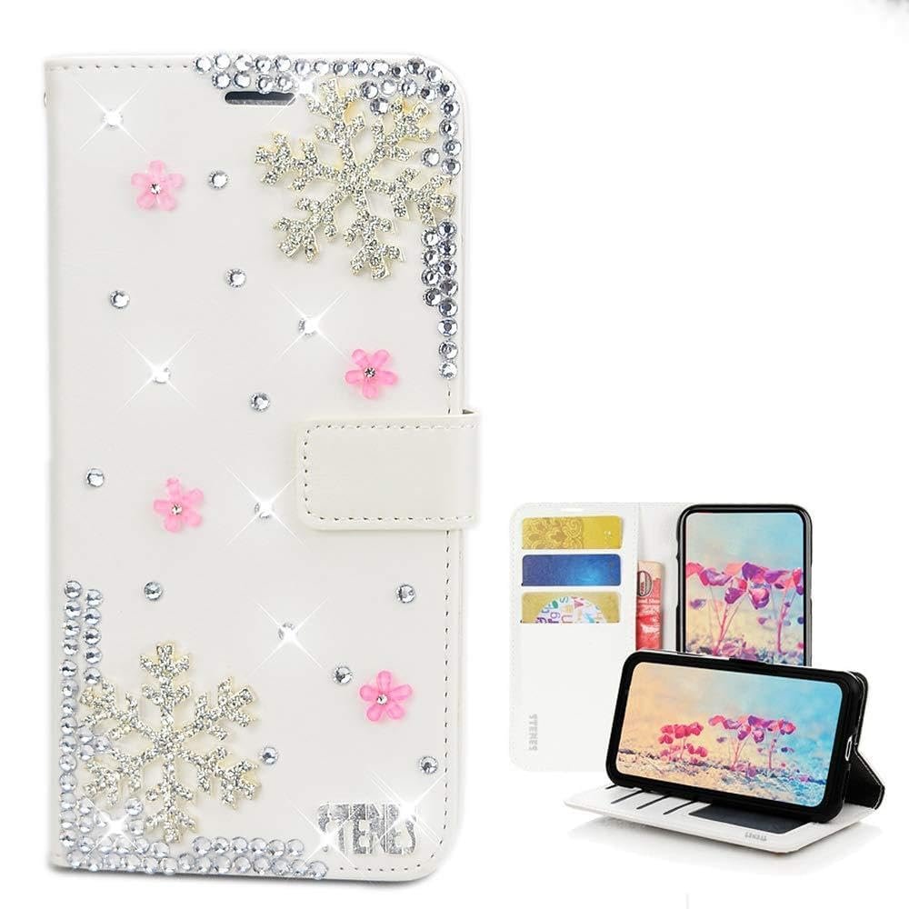 STENES Bling Case Compatible with Google Pixel 2 XL - Stylish - 3D Handmade Snow Flowers Floral Magnetic Wallet Credit Card Slots Fold Stand Leather Cover Compatible with Google Pixel 2 XL - White