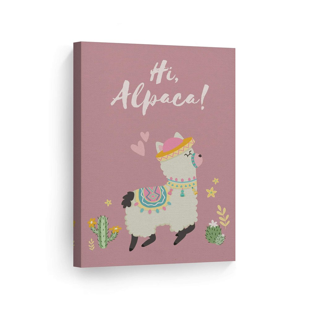 Smile Art Design Hi Alpaca! Lettering and Cute Illustration Pink Background CANVAS PRINT Kids Room Decor Wall Art Baby Room Decor Kids Room Decor Nursery Decor Ready to Hang Made in the USA 28x19