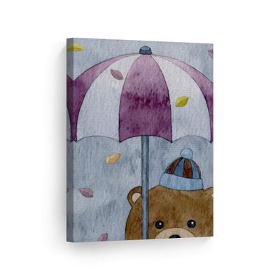 Smile Art Design Cute Bear Umbrella Painting Gray Background Autumn Theme CANVAS PRINT Kids Room Decor Wall Art Baby Room Decor Kids Room Decor Nursery Decor Ready to Hang Made in the USA 22x15