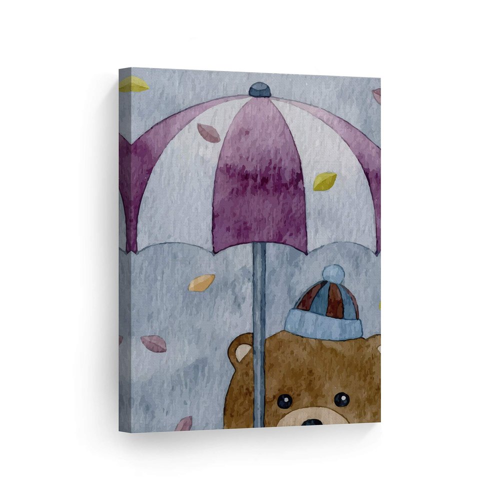 Smile Art Design Cute Bear Umbrella Painting Gray Background Autumn Theme CANVAS PRINT Kids Room Decor Wall Art Baby Room Decor Kids Room Decor Nursery Decor Ready to Hang Made in the USA 22x15