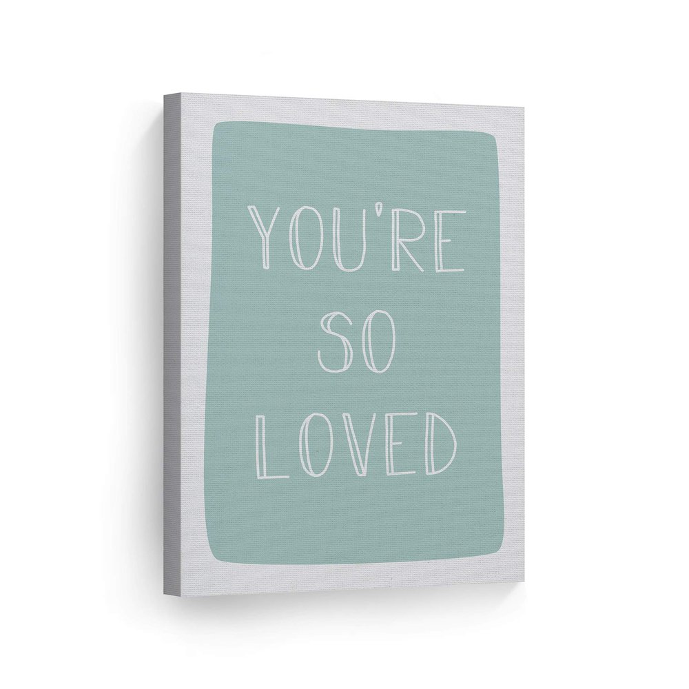 Smile Art Design You're So Loved Lettering Turquoise Background CANVAS PRINT Kids Room Decor Wall Art Baby Room Decor Kids Room Decor Nursery Decor Ready to Hang Made in the USA 36x24