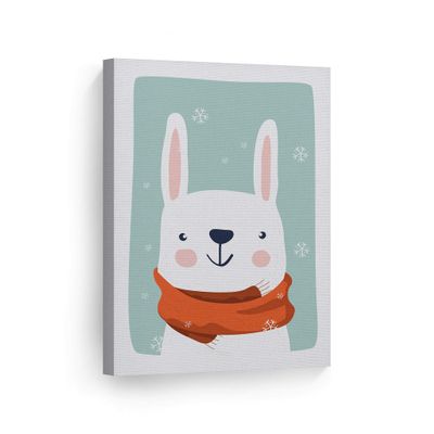 Smile Art Design Cute Rabbit Winter Theme Turquoise Background CANVAS PRINT Kids Room Decor Wall Art Baby Room Decor Kids Room Decor Nursery Decor Ready to Hang Made in the USA 28x19