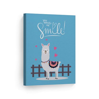 Smile Art Design You Make Me Smile! Cute Alpaca Illustration Blue Background CANVAS PRINT Kids Room Decor Wall Art Baby Room Decor Kids Room Decor Nursery Decor Ready to Hang Made in the USA 40x30