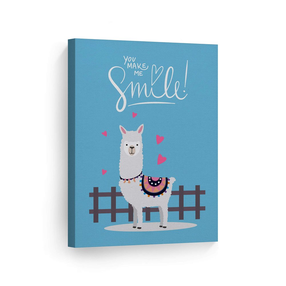 Smile Art Design You Make Me Smile! Cute Alpaca Illustration Blue Background CANVAS PRINT Kids Room Decor Wall Art Baby Room Decor Kids Room Decor Nursery Decor Ready to Hang Made in the USA 40x30