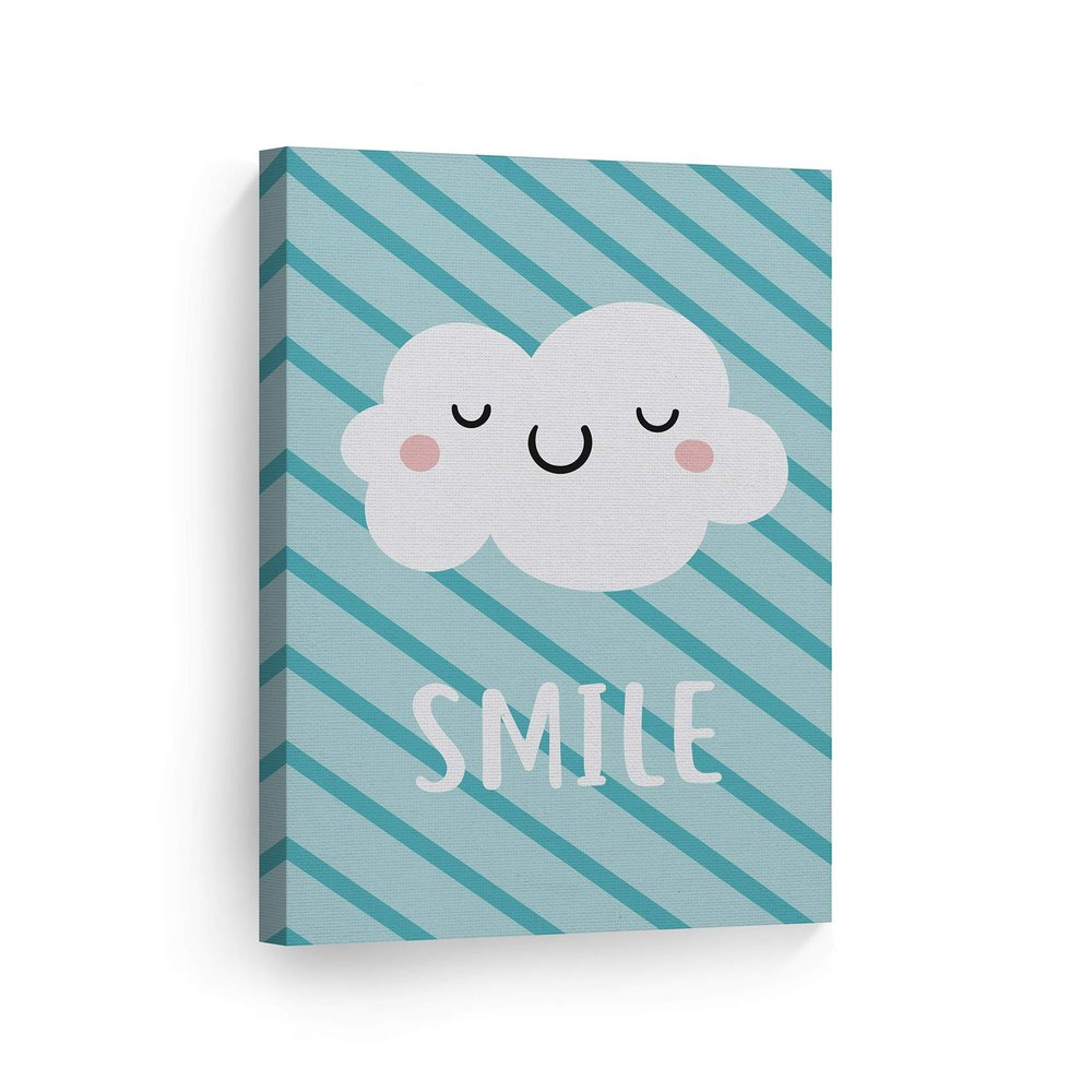 Smile Art Design Lovely Cloud Smile Lettering Blue Background CANVAS PRINT Kids Room Decor Wall Art Baby Room Decor Kids Room Decor Nursery Decor Ready to Hang Made in the USA 28x19