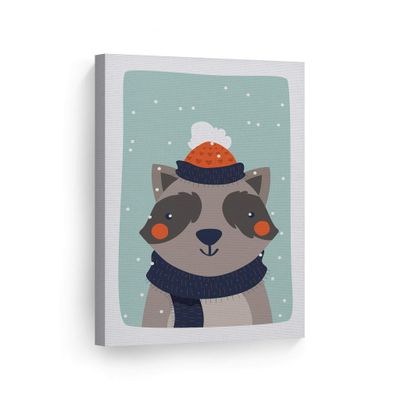 Smile Art Design Cute Raccoon Winter Theme Turquoise Background CANVAS PRINT Kids Room Decor Wall Art Baby Room Decor Kids Room Decor Nursery Decor Ready to Hang Made in the USA 28x19