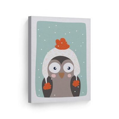 Smile Art Design Cute Owl Winter Theme Turquoise Background CANVAS PRINT Kids Room Decor Wall Art Baby Room Decor Kids Room Decor Nursery Decor Ready to Hang Made in the USA 36x24