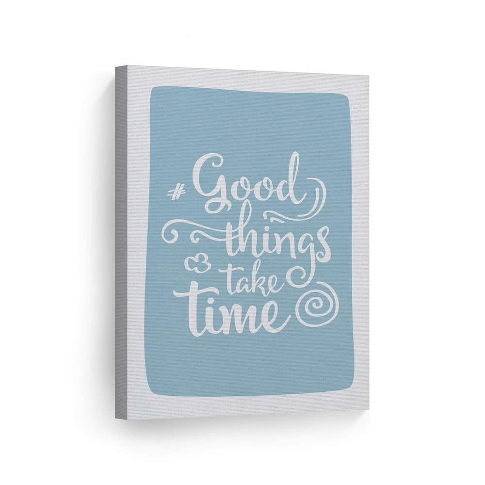 Smile Art Design Good Things Take Time Lettering Blue Background CANVAS PRINT Kids Room Decor Wall Art Baby Room Decor Kids Room Decor Nursery Decor Ready to Hang Made in the USA 28x19