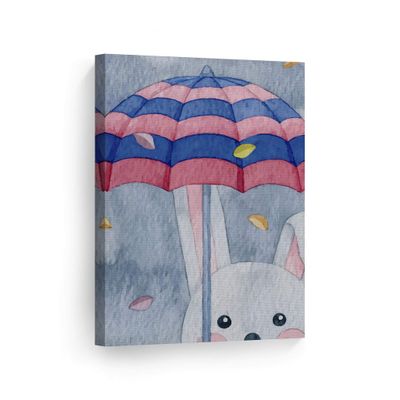 Smile Art Design Cute Rabbit Umbrella Painting Gray Background Autumn Theme CANVAS PRINT Kids Room Decor Wall Art Baby Room Decor Kids Room Decor Nursery Decor Ready to Hang Made in the USA 28x19