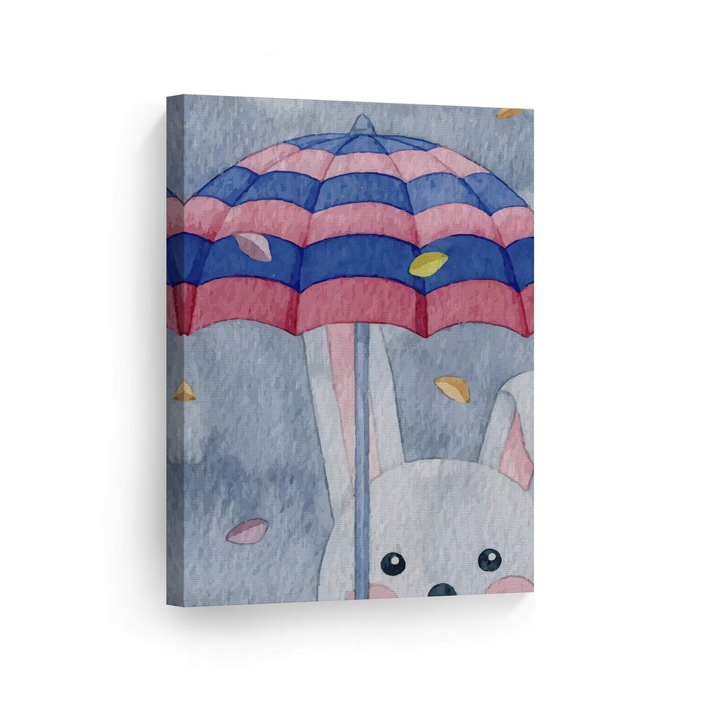 Smile Art Design Cute Rabbit Umbrella Painting Gray Background Autumn Theme CANVAS PRINT Kids Room Decor Wall Art Baby Room Decor Kids Room Decor Nursery Decor Ready to Hang Made in the USA 28x19