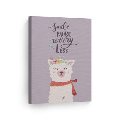 Smile Art Design Smile More Worry Less Cute Alpaca Purple Background CANVAS PRINT Kids Room Decor Wall Art Baby Room Decor Kids Room Decor Nursery Decor Ready to Hang Made in the USA 12x8