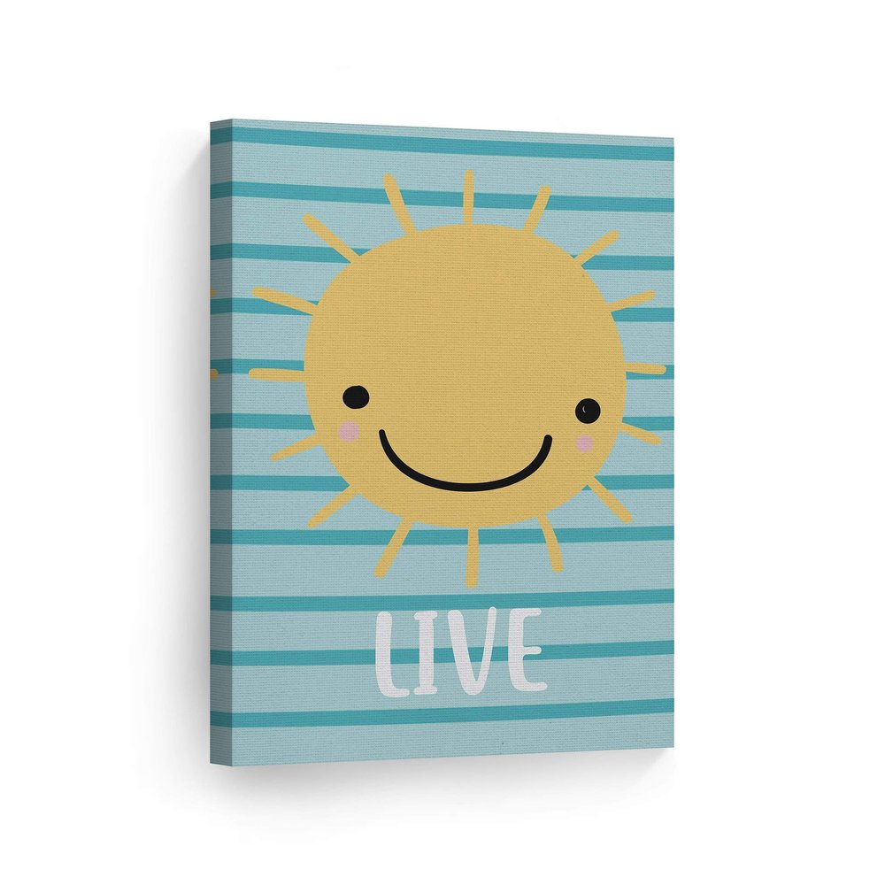 Smile Art Design Lovely Sun Live Lettering Blue Background CANVAS PRINT Kids Room Decor Wall Art Baby Room Decor Kids Room Decor Nursery Decor Ready to Hang Made in the USA 28x19