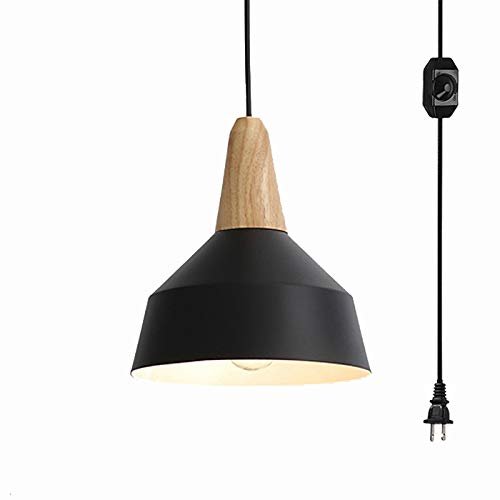ANYE 15ft Plug-in UL On/Off Dimmer Switch Cord Black Shade Light Wooden Light Socket Cafe Lights Loft Style Simple Metal Ceiling Lamp for Dining Room Cafe Restaurant Bulbs Not Included