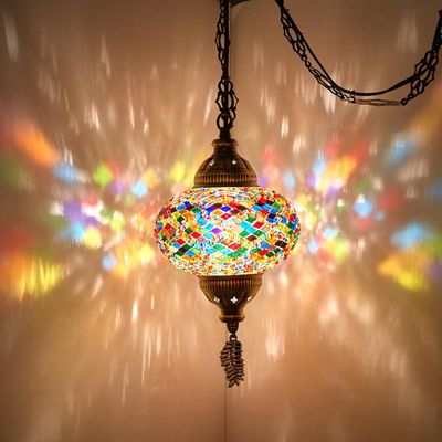 DEMMEX Plug-in Turkish Moroccan Mosaic Hanging Pendant Ceiling Light Swag Lamp Fixture with 15ft Cord & Chain, Handcrafted Glass, Tiffany Style, Mediterranean Decor (Multicolor)