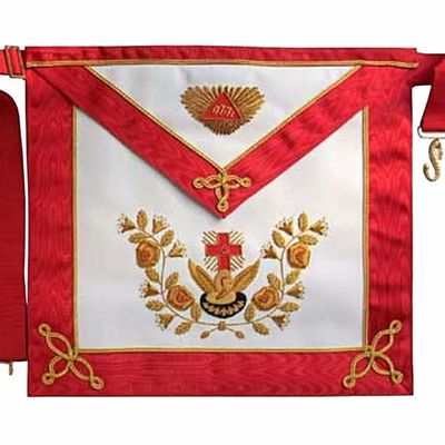Bricks Masons 18th Degree Scottish Rite Apron - White & Red Moire Gold Hand Embroidery