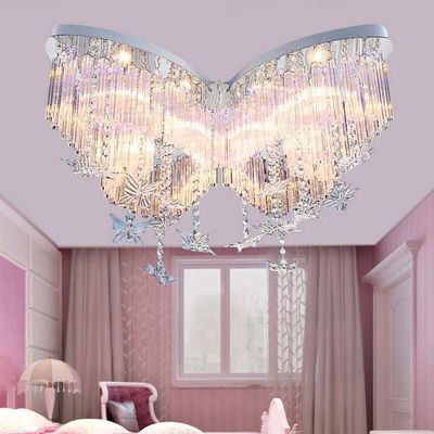 LITFAD Modern Art Deco Ceiling Light 23.62" Wide Butterfly Shaped Crystal Raindrop Discoloration Pendant Light LED Flush Mount Fixture for Girls Room,Kids Bedroom,Study Room