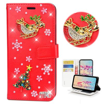 STENES Bling Case Compatible with Google Pixel 3 - Stylish - 3D Handmade Snow Santa Claus Elk Magnetic Wallet Credit Card Slots Fold Stand Leather Cover Compatible with Google Pixel 3 - Red
