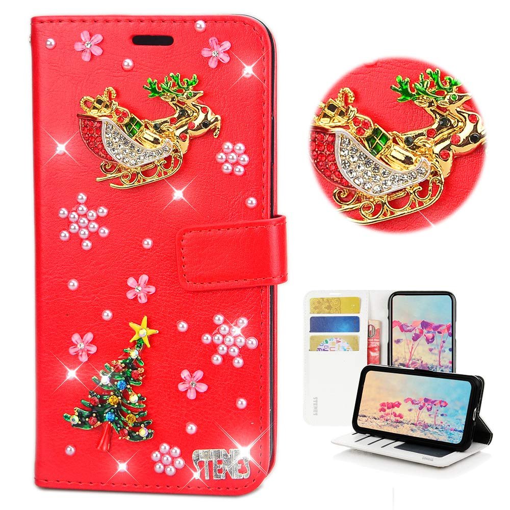 STENES Bling Case Compatible with Google Pixel 3 - Stylish - 3D Handmade Snow Santa Claus Elk Magnetic Wallet Credit Card Slots Fold Stand Leather Cover Compatible with Google Pixel 3 - Red
