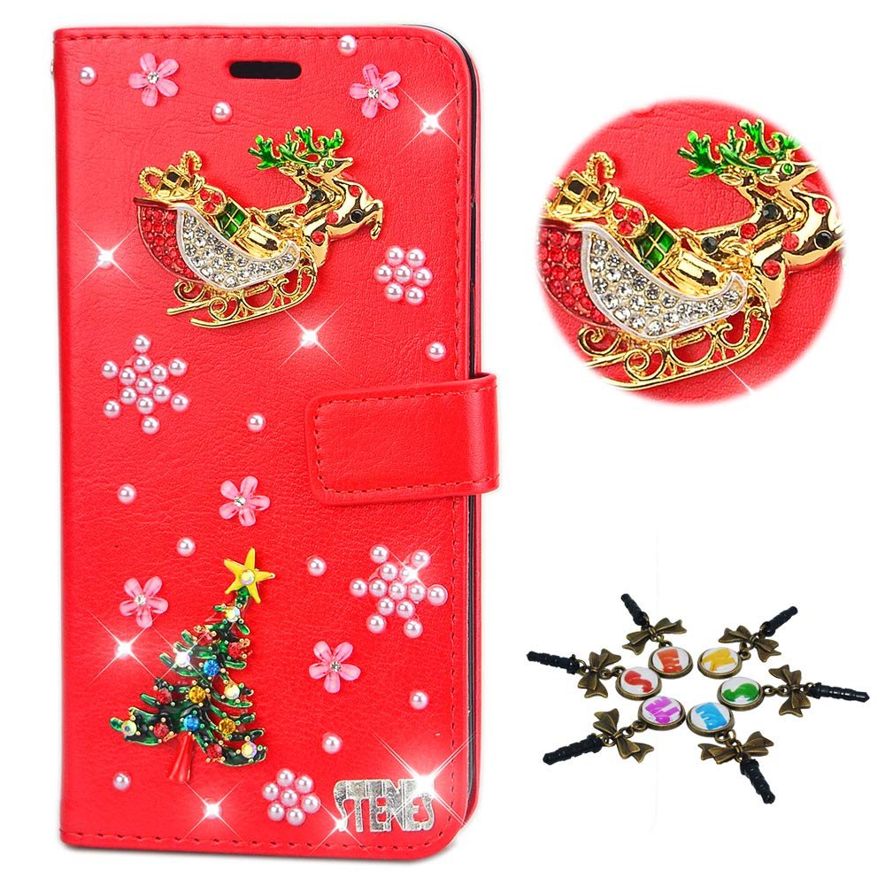 STENES Bling Case Compatible with Galaxy A8 (2018) - Stylish - 3D Handmade Santa Claus Bell Floral Magnetic Wallet Credit Card Slots Fold Stand Leather Cover - White