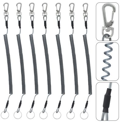 BB Hapeayou Fishing Lanyard (7Pcs) Safety Retractable Coiled Tether with Carabiner and Split Ring for Pliers, Boating, Tools(Black)